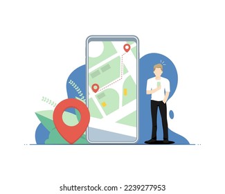 Anwendungsnavigator auf Smartphone-Konzept, menschliches Stehen mit Smartphone, Digital-Marketing-Illustration.