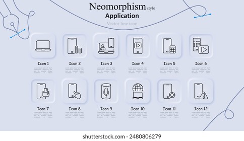 Application neomorphism style line icons set. Laptop, coins, video call, play button, calculator, upload, touch, microphone, globe, settings, alert, bookmark. Digital tools
