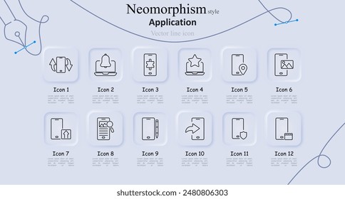 Application neomorphism style line icons set. Smartphone rotation, bell notification, puzzle, star rating, location, gallery, upload, search, notebook, share, shield, bookmark. Technology