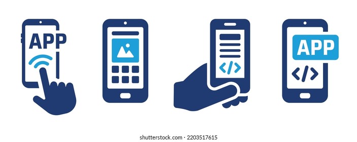 Application on mobile phone icon set. Hand holding smartphone with app template design.