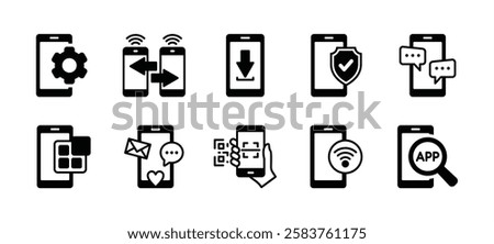 Application on mobile phone icon vector set. Containing searching app on smartphone, settings, share connection, download, protection, message, social media, scan barcode, wifi network