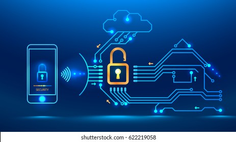 Application On The Mobile Phone Monitors The Security Of The House, Car. Cloud Technology Provides The Exchange Of Information Between Things. Vector Illustration Electronic Print Circuit Board Style