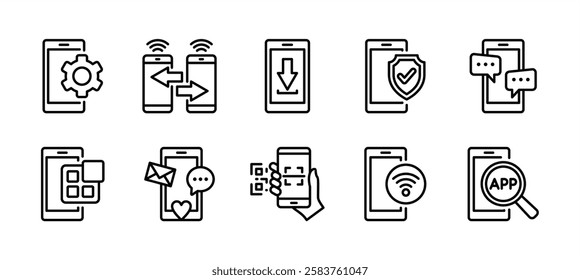 Application on mobile phone thin line icon set. Containing searching app on smartphone, settings, share connection, download, protection, message, social media, scan barcode, wifi. Vector illustration