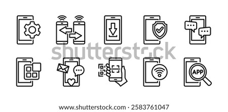 Application on mobile phone thin line icon set. Containing searching app on smartphone, settings, share connection, download, protection, message, social media, scan barcode, wifi. Vector illustration