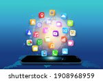 Application on Mobile, smartphone with application icons isolated on global network background as new technology and communication concept. vector illustration.
