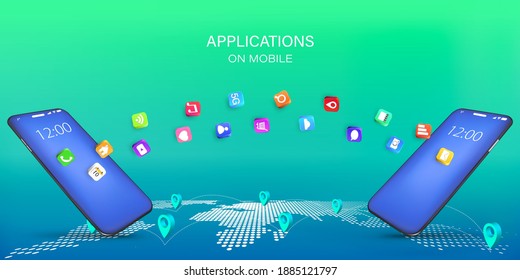 Application on Mobile, smartphone with application icons isolated on global network background as new technology and communication concept. vector illustration.

