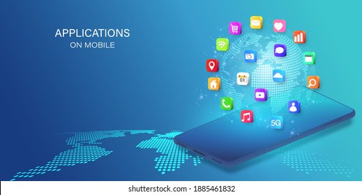 Application on Mobile, smartphone with application icons isolated on global network background as new technology and communication concept. vector illustration.