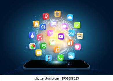 Application On Mobile, Smartphone With Application Icons Isolated On Global Network Background As New Technology And Communication Concept. Vector Illustration.