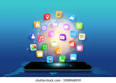 Application on Mobile, smartphone with application icons isolated on global network background as new technology and communication concept. vector illustration.