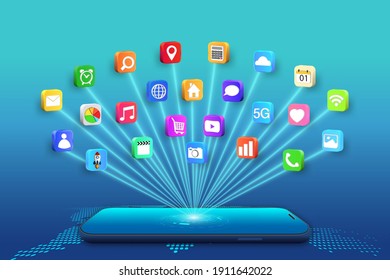 Application on Mobile, smartphone with application icons isolated on global network background as new technology and communication concept. vector illustration.
