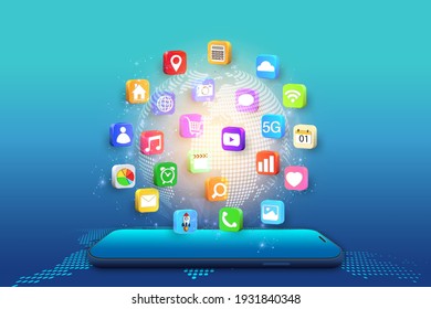Application on Mobile, smartphone with application icons isolated on global network background as new technology and communication concept. vector illustration.