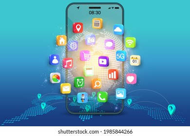 Application on Mobile, smartphone with application icons isolated on global network background as new technology and communication concept. vector illustration.