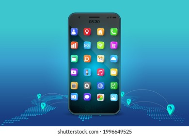 Application on Mobile, smartphone with application icons isolated on global network background as new technology and communication concept. vector illustration.