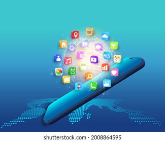 Aplicación en móvil, smartphone con iconos de aplicación aislados en el fondo de red global como nuevo concepto de tecnología y comunicación. ilustración vectorial.