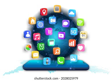 Application on Mobile, smartphone with application icons isolated on white background as new technology and communication concept. vector illustration.