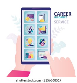 Application on phone screen to search for vacancies for different professions. Career guidance service. Outplacement, labor exchange. Person searches and chooses job on Internet. Vector illustration