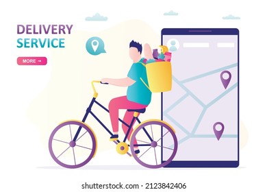 Aplicación en la pantalla del smartphone para realizar el seguimiento de los puntos de entrega. Hombre haciendo pedidos a los clientes en bicicleta. Plantilla de página de inicio. Entregar a un hombre en bicicleta con una bolsa de comida. Ilustración vectorial plana