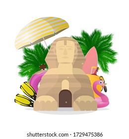 Application on the theme of relaxation in Egypt. Egyptian sphinx, palm trees, parasol, flippers, rubber ring for swimming, surfboard. Isolated. Vector.