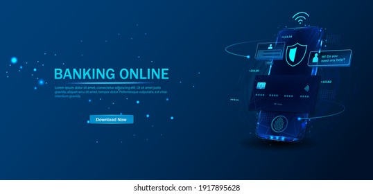 An application for online banking. Mobile phone payment with NFC technology and a high level of payment security. Protect the purchase of wireless payment via smartphone. digital payment technologies.
