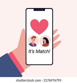 Application for online dating. Hand holding smartphone with two people avatars. Virtual relationship concept. Colorful flat vector illustration.