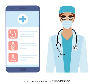 Application for online patient-doctor consultation. Beautiful brunette young female therapist with phonendoscope. Phone screen with medical app. Half body portrait. Girl isolated on white background