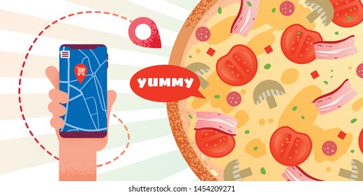 Application for Online Pizza Order from Cellphone via Internet. Advertising Banner with Human Hand Holding Smartphone. Flat Cartoon Poster with Yummy Word in Speech Bubble. Vector Illustration