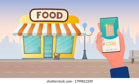 Application for online shopping for fresh food. Food store. Online shopping concept. Vector.