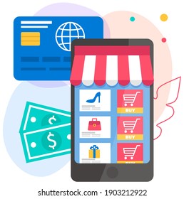 Application for online shopping on a screen. Phone on the background of banknotes and credit card. App for selection of clothes. Web store layout. Program for making purchases via the Internet