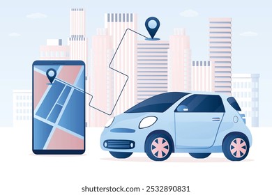 Aplicación para ordenar el coche, ubicación del taxi. App de teléfono móvil y sistema de navegación. Coche moderno y vista urbana en el fondo. Compartir autos. Concepto de transporte urbano y navegación. Ilustración vectorial