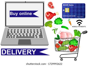Application for ordering goods online. Mobile payment of products, meat, vegetables on a white background. Vector EPS 10.