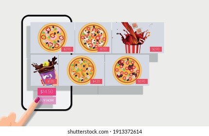 An application for ordering pizza online on a mobile phone screen. Dark design. Vector banner