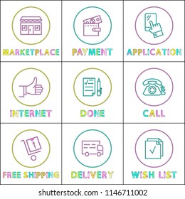 Application for orders set posters. Marketplace building, icon of payment wallet with money. Free shipping and fast delivery, vector illustration