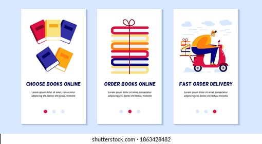 Application page templates for the delivery of orders from an online bookstore. Concepts of pages depicting product selection, ordering and delivery.