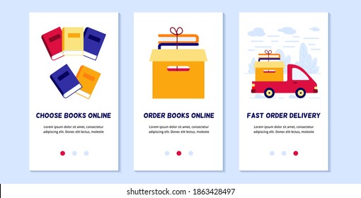 Anwendungsseitenvorlagen für die Lieferung von Bestellungen von einem Online-Buchladen. Seitenkonzepte, die eine Auswahl verschiedener Bücher darstellen, in einer Kiste bestellen und in einem kleinen roten LKW ausliefern.
