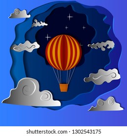Application in paper style. A balloon flying high into the sky to the stars.