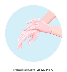 Application of a paraffin mask on female hands. Spa skincare wellness routine icon for infographics, presentations, web design, poster, banner. Modern flat style. Vector colorful illustration.