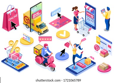 Application for pay, discount on e commerces, online discount. Cart and pay on e-shop application, e commerce cart. E-shop application with purchasing characters and text. Cartoon vector illustration.