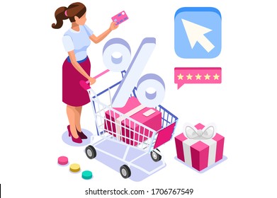 Application for pay, discount on e-commerces, online discount. Cart and pay on e-shop application, e-commerce cart. E-shop application with purchasing characters and text. Cartoon vector illustration.