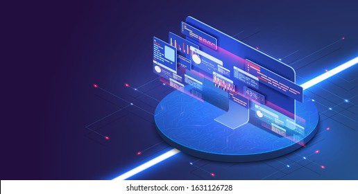 Application of PC with business graph and analytics data on isometric computer. Analysis trends and software development coding process concept. Programming, testing cross platform code. Blue