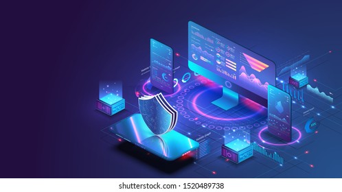 Application of pc and smartphone with business graph and analytics data. Isometric vector illustration of digital protection mechanism, system privacy. Data secure. Digital money market, investment