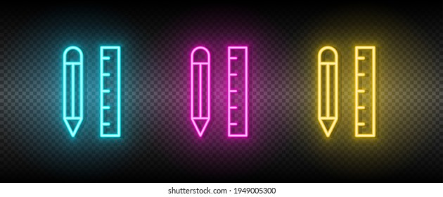 Anwendung, Stift, Regel Vektorsymbol gelb, rosa, blauer Neonsatz. Vektorsymbol von Tools