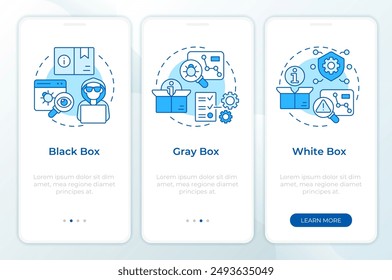 Application penetration testing blue onboarding mobile app screen. Walkthrough 3 steps editable graphic instructions with linear concepts. UI, UX, GUI template