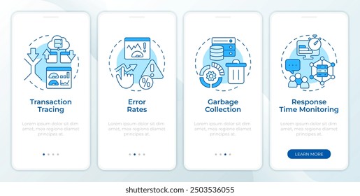 Application performance metrics blue onboarding mobile app screen. Walkthrough 4 steps editable graphic instructions with linear concepts. UI, UX, GUI template