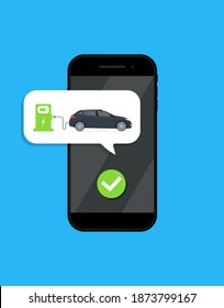 Application of petrol and electrical station in smartphone. Mobile app with gas station for car. Online service for transport with payment. Gasoline and eco station on phone screen. Vector.