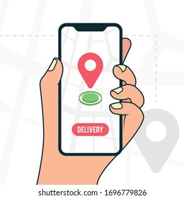 application for phone delivery of goods. Hand holds a mobile phone