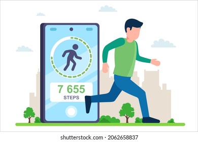 application in the phone for measuring steps. man runs in the city. flat vector illustration.