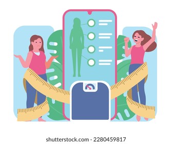 Application in phone for weight loss. Fat girl became slim. Ruler and scales. Happy or sad woman. Device screen. Mobile app. Body slimming. Eating and training plan