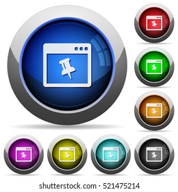 Application pin icons in round glossy buttons with steel frames