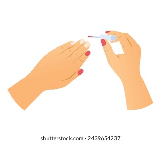 application of pink nail polish, manicure process- vector illustration