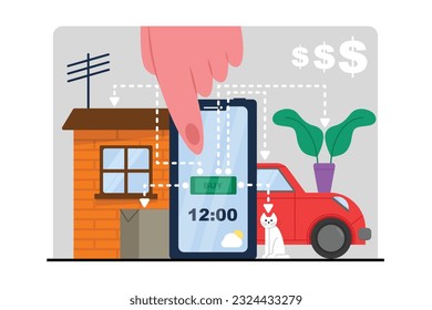 Application for planning purchases. List of necessary things to buy. Cost calculation. Buying goods online. Consumer society and commercial business. Color vector image in flat style